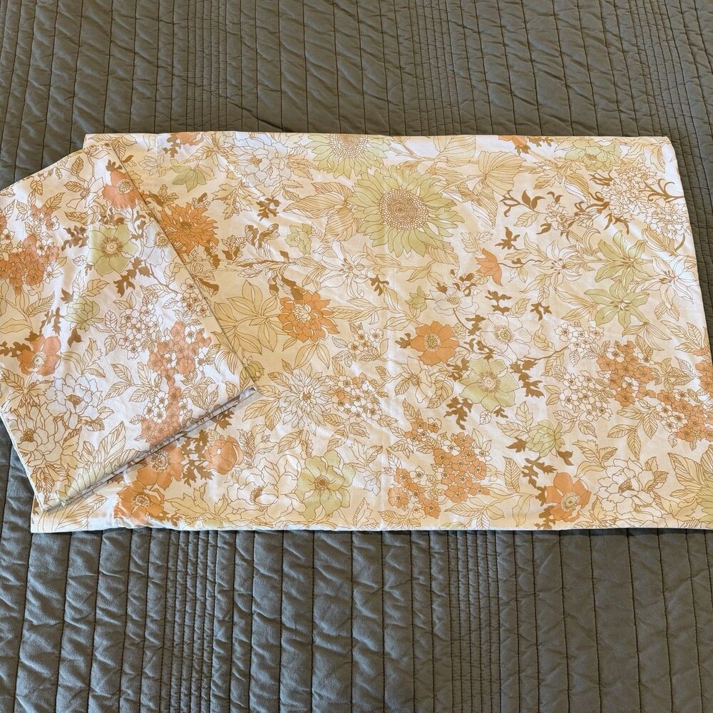 Vintage Cannon Floral 2 Pillowcases Mod 60s 70s Mid Century Green Orange Cream